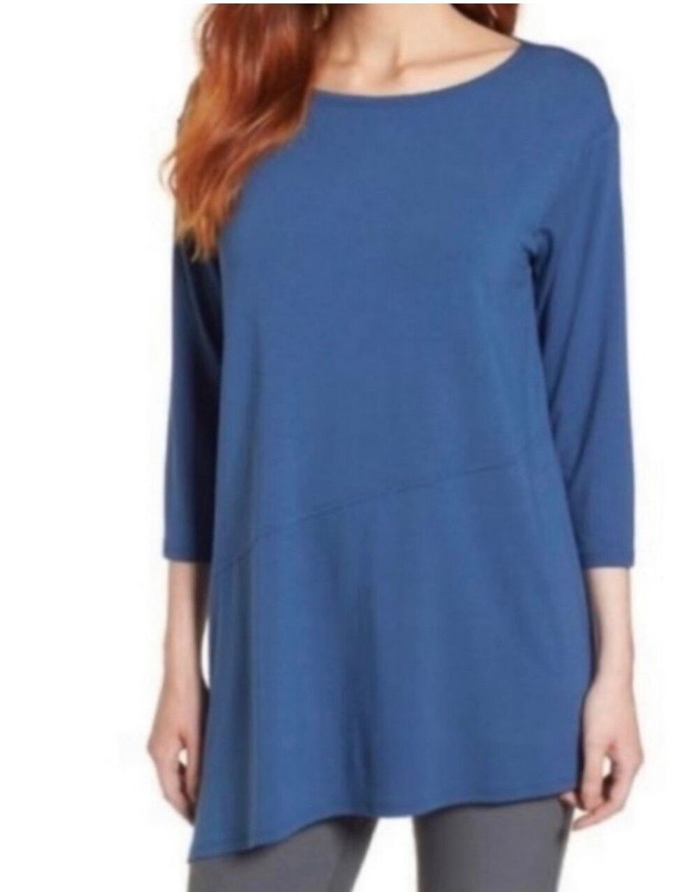 NWT Eileen Fisher Asymmetrical Jersey Top Blue Denim Ballet Neck Top Size XL